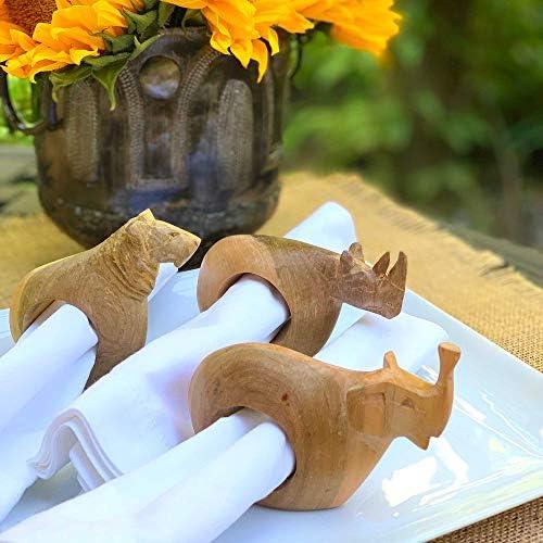 Set of Six Mahogany Wood Animal Napkin Rings Jedando Handicrafts