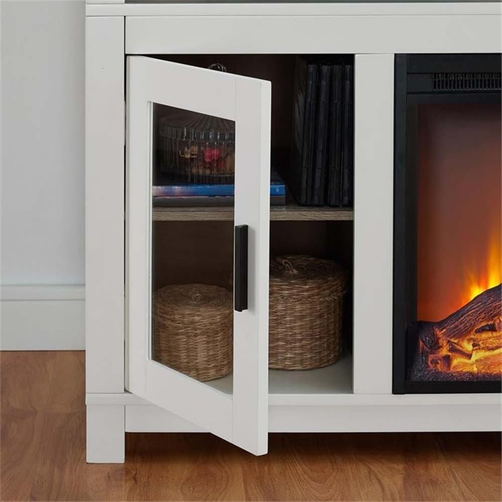 White MDF Electric Fireplace TV Stand with Glass Cabinets