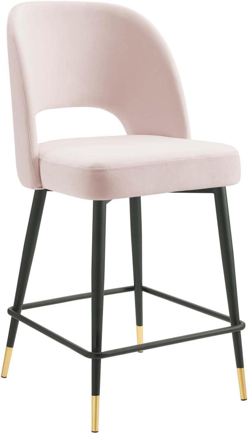 Mid-Century Glam Pink Velvet Counter Stool with Black Metal Legs