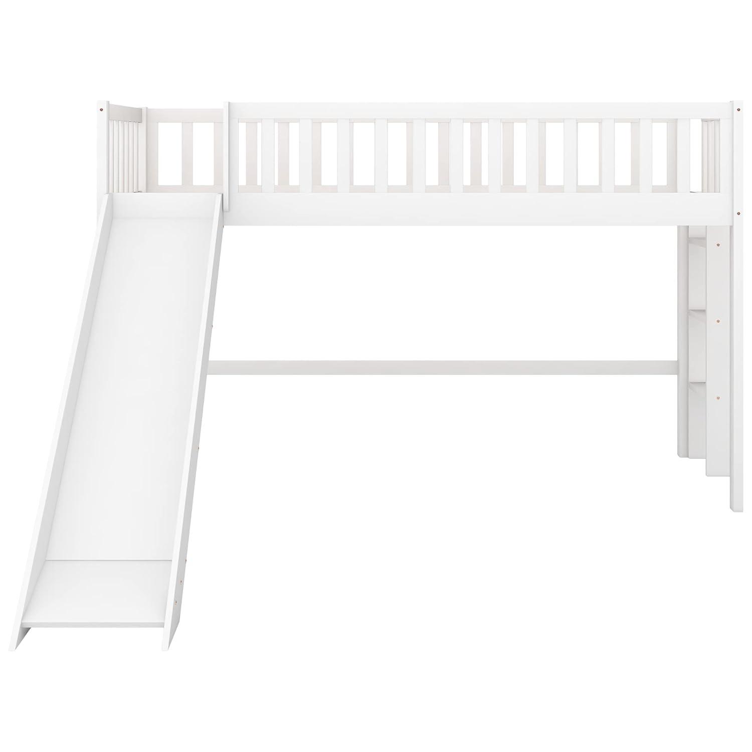 Twin Loft Bed with Slide,Wood Loft Bed Low Profile for Boys Girls, Built-in Ladder and Guard Rail,No Box Spring Needed