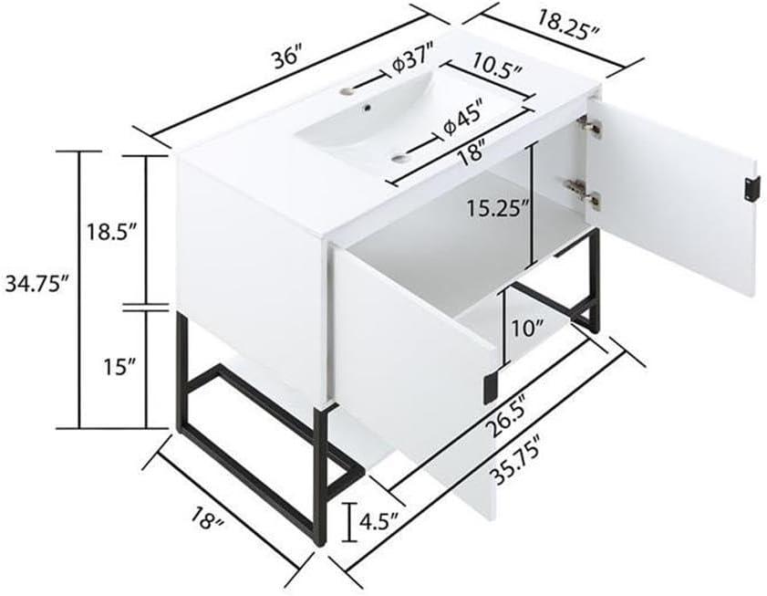 36" Scarsdale Bathroom Vanity Sink White - Manhattan Comfort: Ceramic Surface, Wood Frame, Single Basin