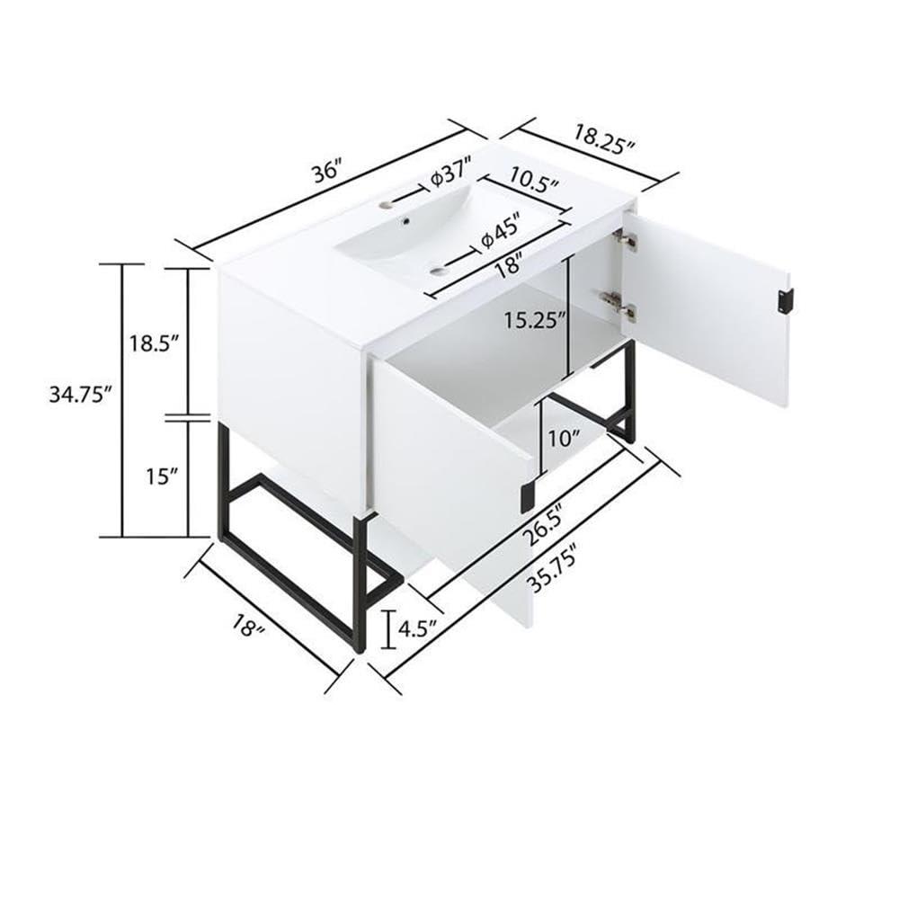 36" Scarsdale Bathroom Vanity Sink White - Manhattan Comfort: Ceramic Surface, Wood Frame, Single Basin