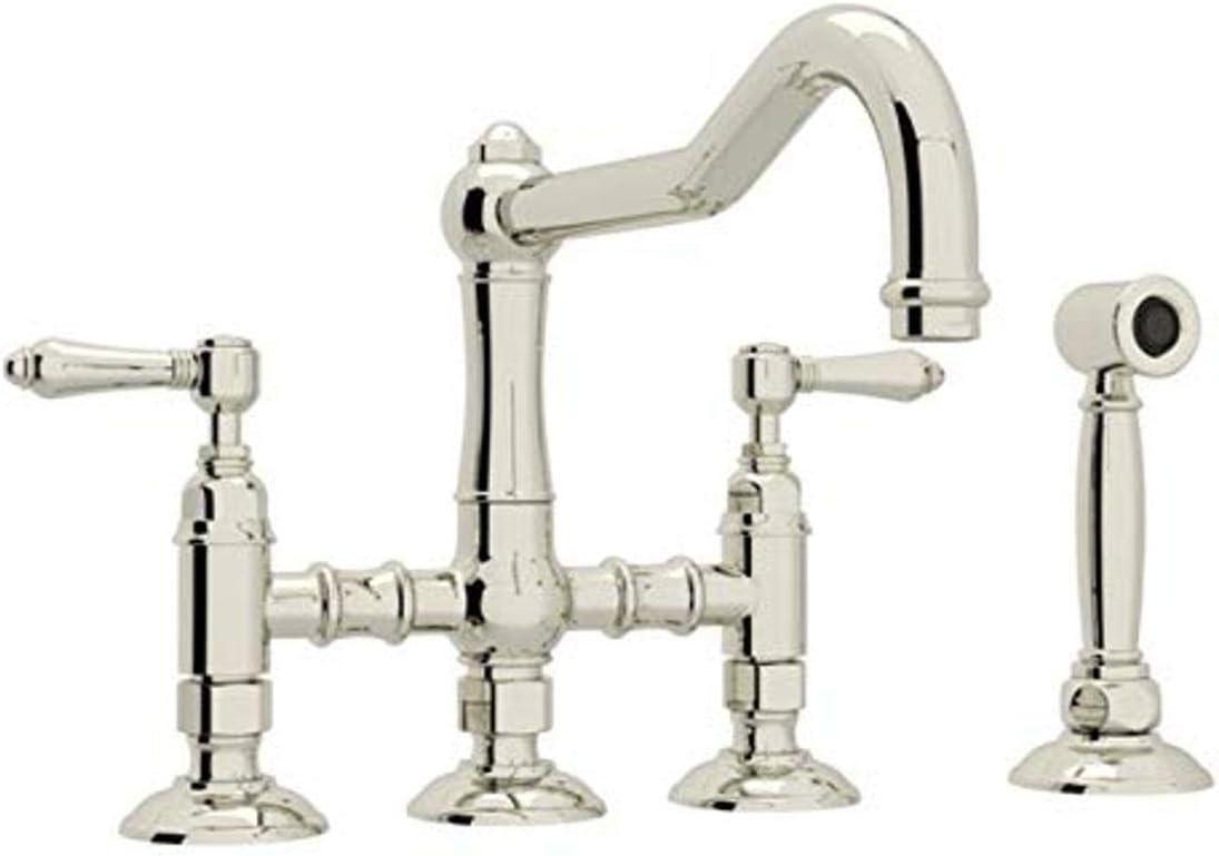 Rohl Italian Kitchen Acqui Three Leg Bridge Faucet With Metal Levers Sidespray And 9" Reach Column Spout In Polished Nickel