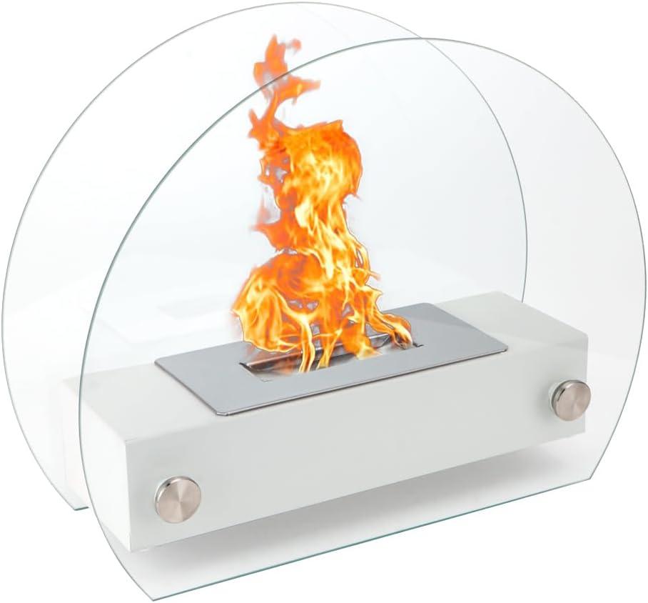 13.5" White Glass and Steel Portable Tabletop Fireplace