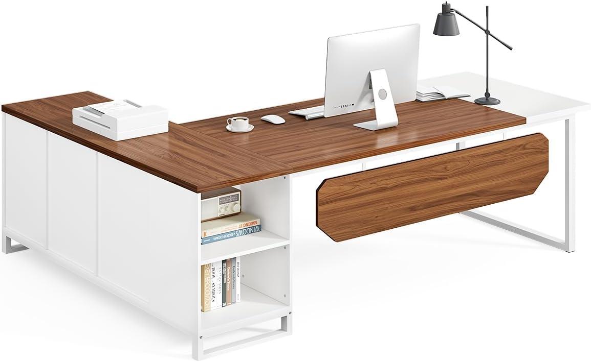 LITTLE TREE 70.8 Inches Executive Desk and 55 Inches File Cabinet Combo, Large L Shaped Computer Desk with Storage Cabinet and Shelves, Modern Business Furniture for Home Office, Rustic Brown & Black