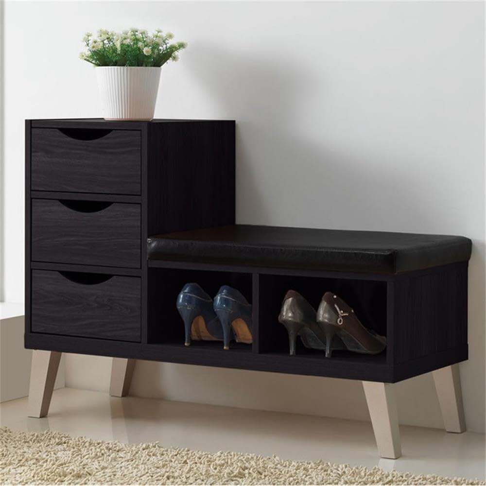 Arielle Modern and Contemporary Wood 3 - Drawer Shoe entryway benches with Two Open Shelves - Dark Brown - Baxton Studio