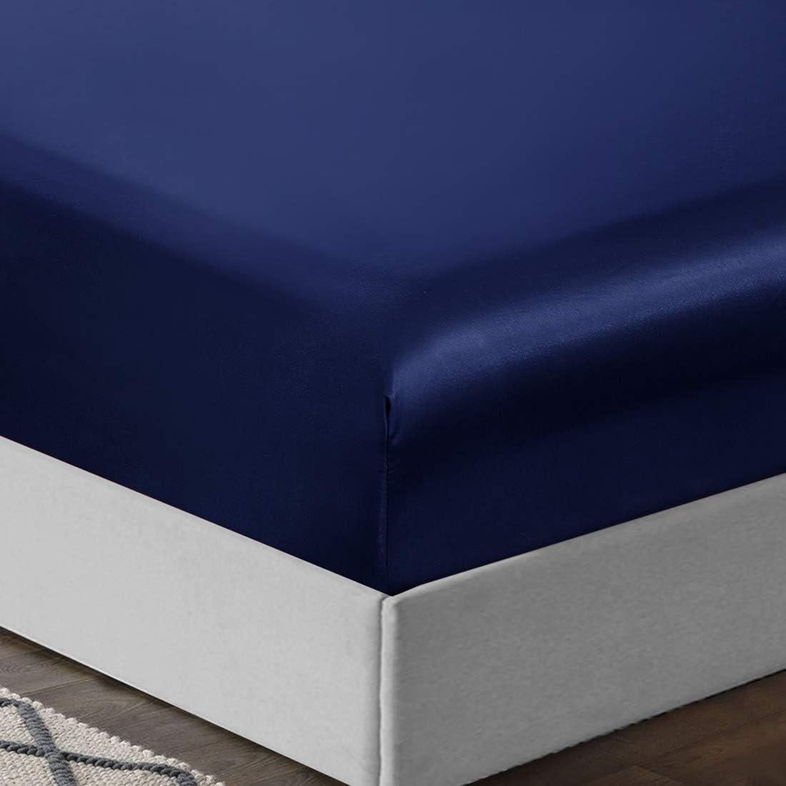 TREELY 6 Piece King Size Satin Sheet Set - Navy Blue, Deep Pocket, Fitted Sheet, Flat Sheet, 4 Pillowcases