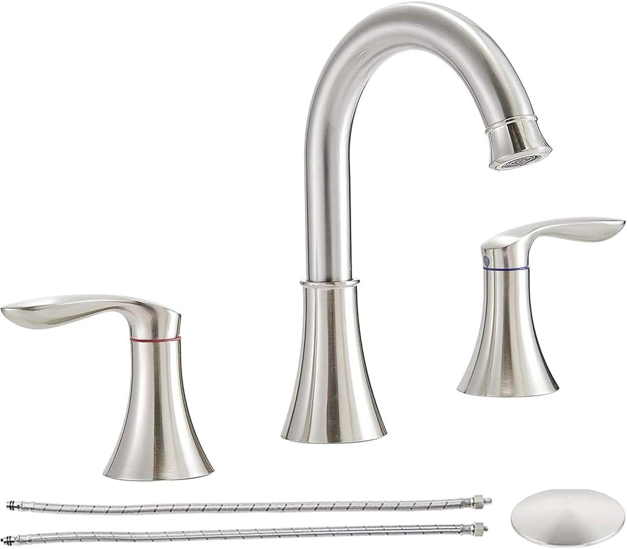 Brushed Nickel 8-Inch Widespread Bathroom Faucet with Pop-Up Drain