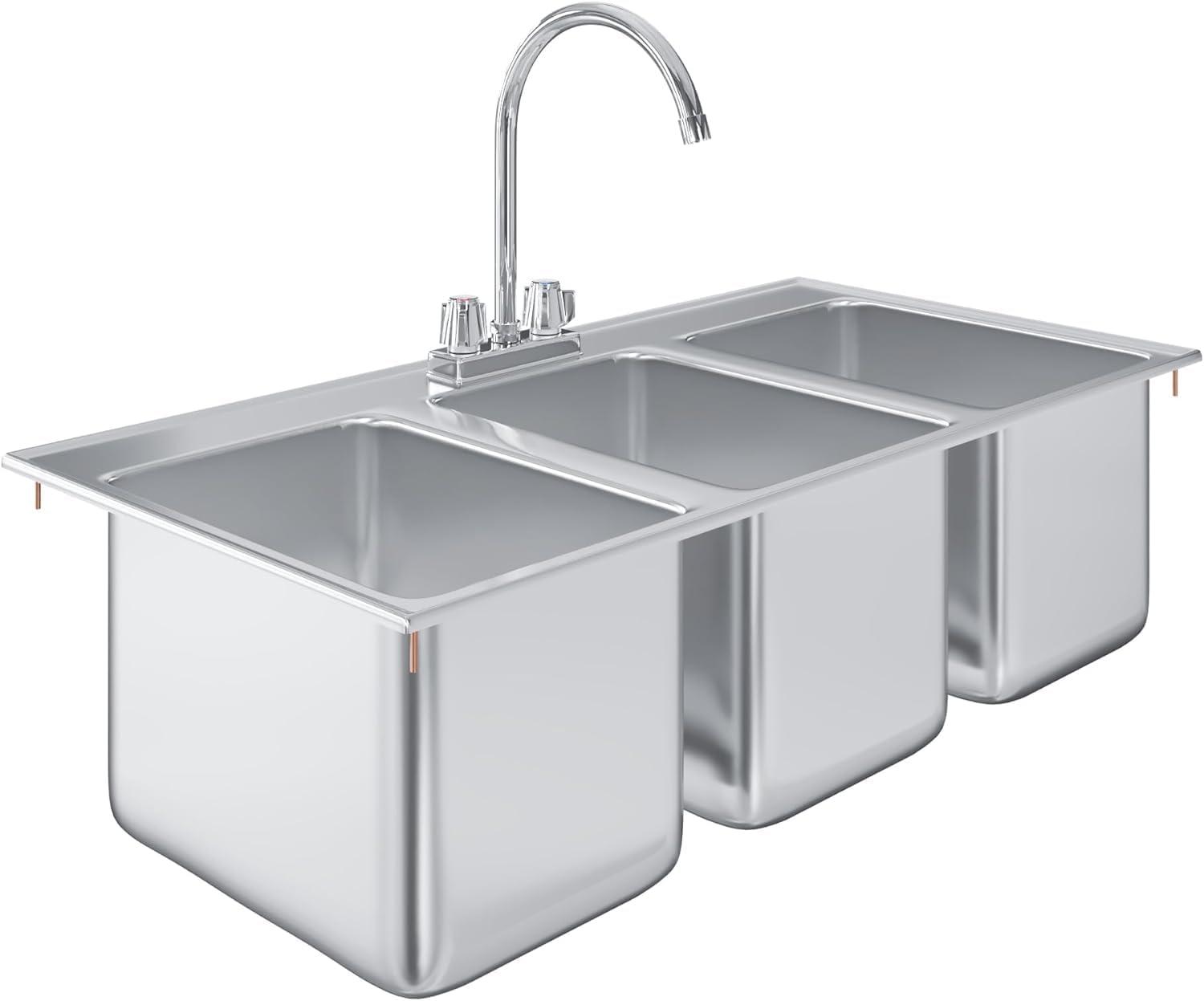 37" L x 18" W Stainless Steel 3 Compartment Drop in Sink
