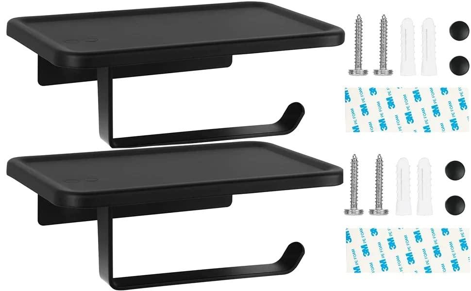 2-Piece Jasni Matte Black Toilet Paper Holder SUS304 Stainless Steel Paper Roll Tissue Holder Toilet Paper Holder with Shelf Self Adhesive Modern Wall Mounted for Bathroom & Kitchen Square Style