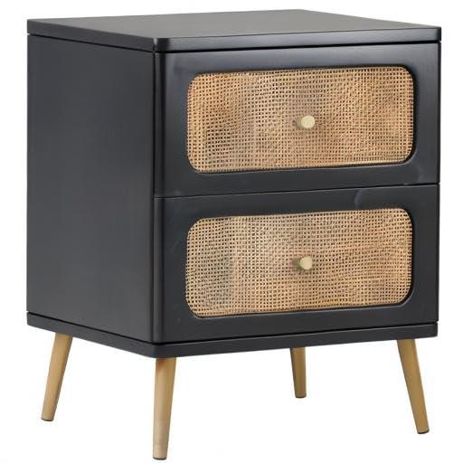 Black Wicker Rattan 2-Drawer Nightstand with Wooden Legs