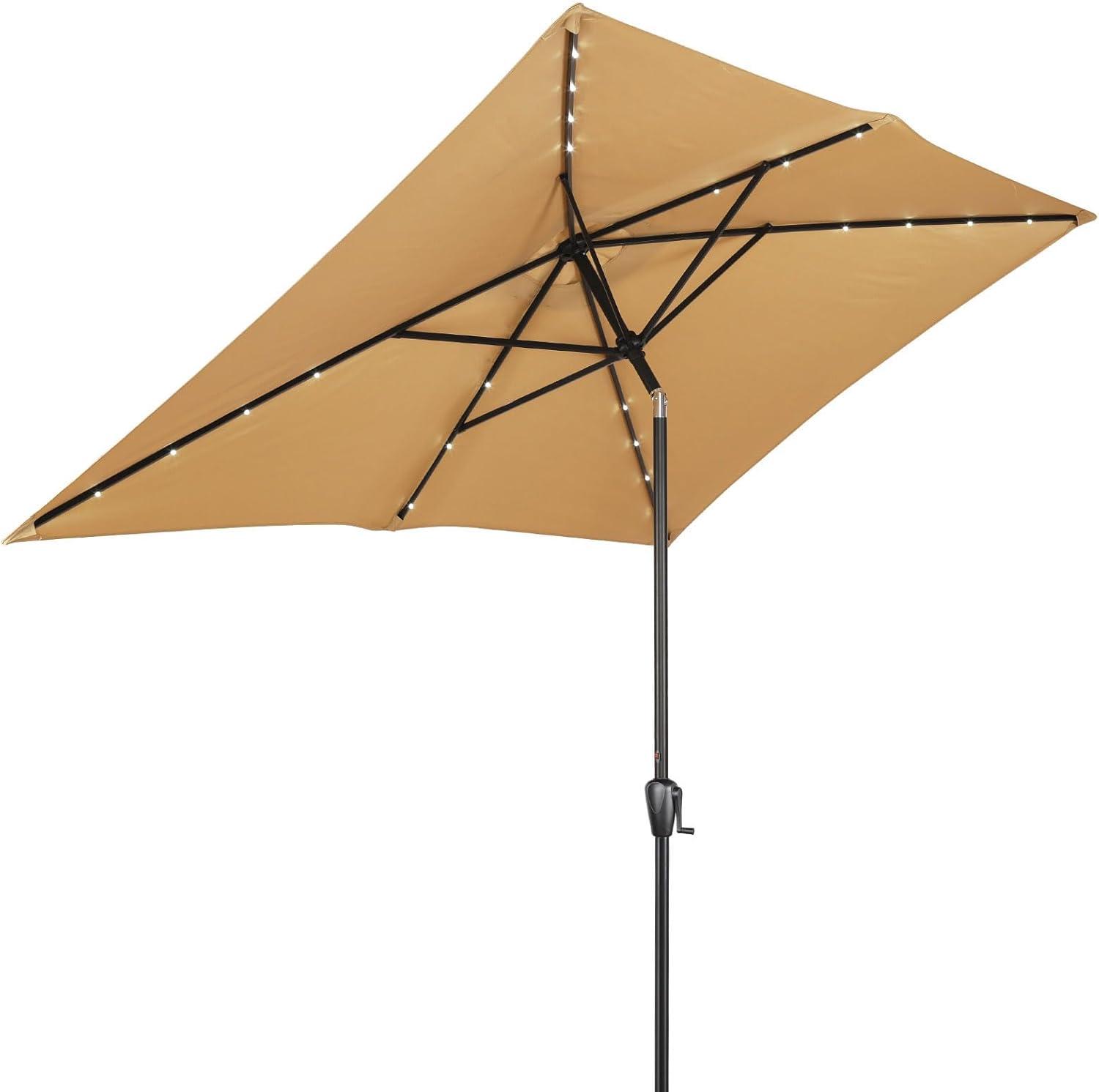 Sun-Ray 6.6x10 FT Solar LED Rectangular Patio Umbrella with Push-Button Tilt and Hand Crank Canopy Lift, Table Umbrella with Solution Dyed Navy Fabric for Porch, Deck, Garden, and Swimming Pool, Taupe