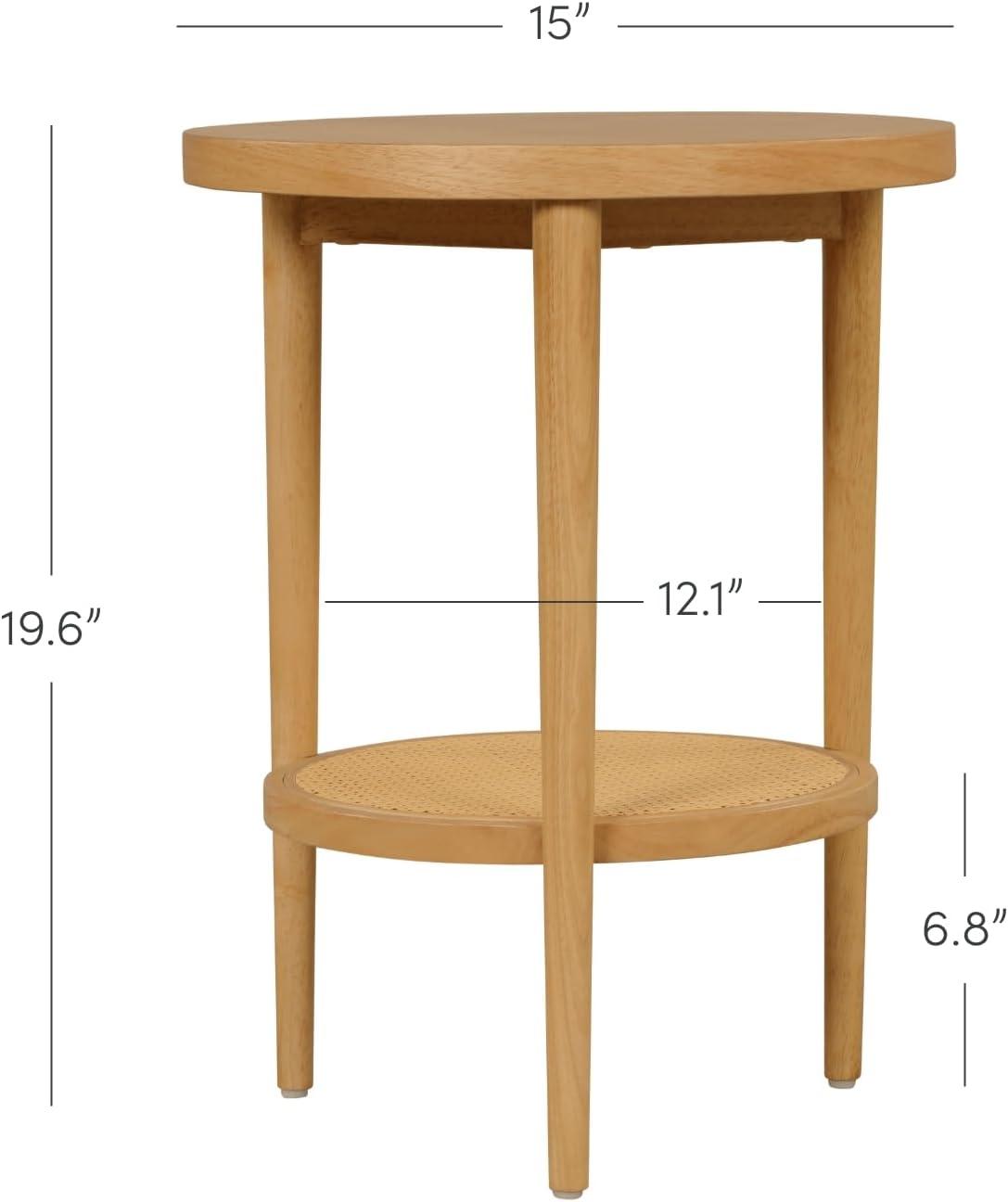 Sonia Light Brown Round Wood End Table with Rattan Shelf, Set of 2