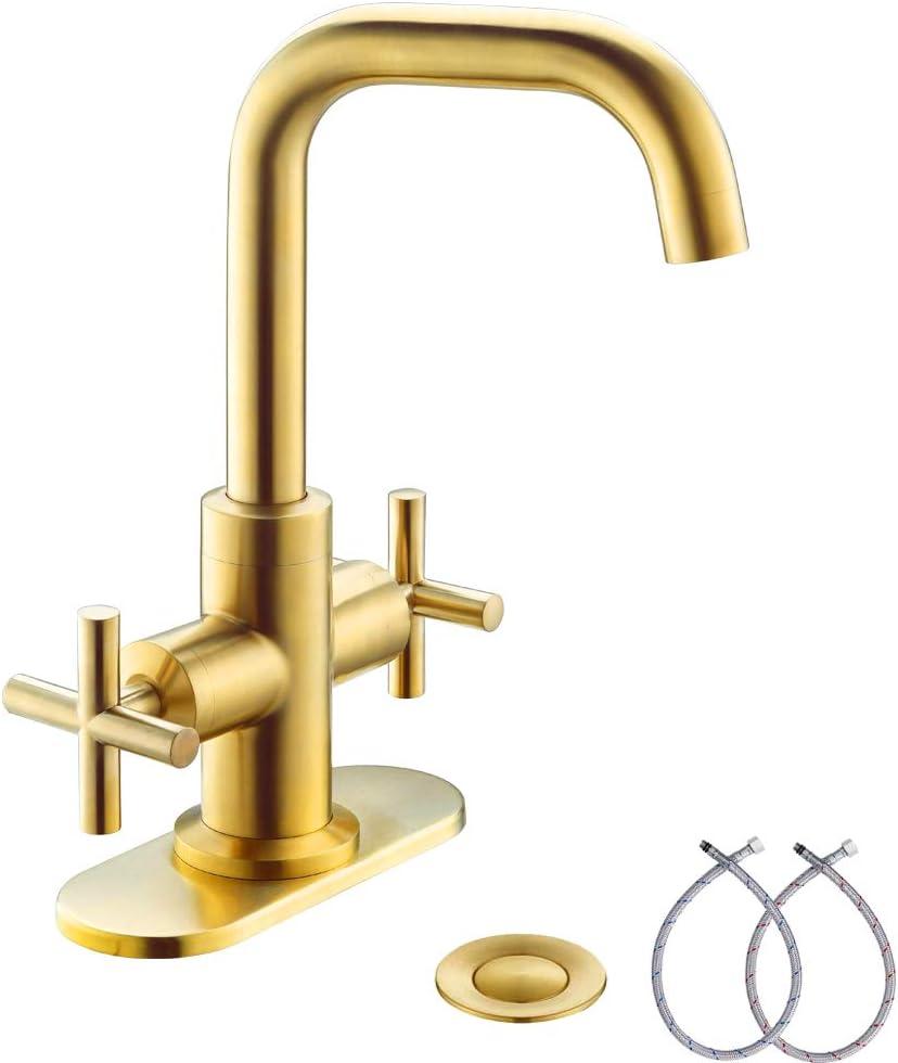 Brushed Gold 2-Handle Low-Arc Bathroom Faucet with Drain