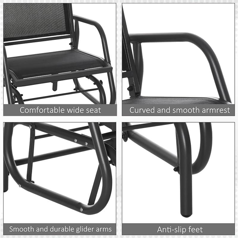 Outsunny Outdoor Glider Chairs, Swing Chair with Breathable Mesh Fabric, Curved Armrests and Steel Frame for Porch, Garden, Poolside, Balcony, Black