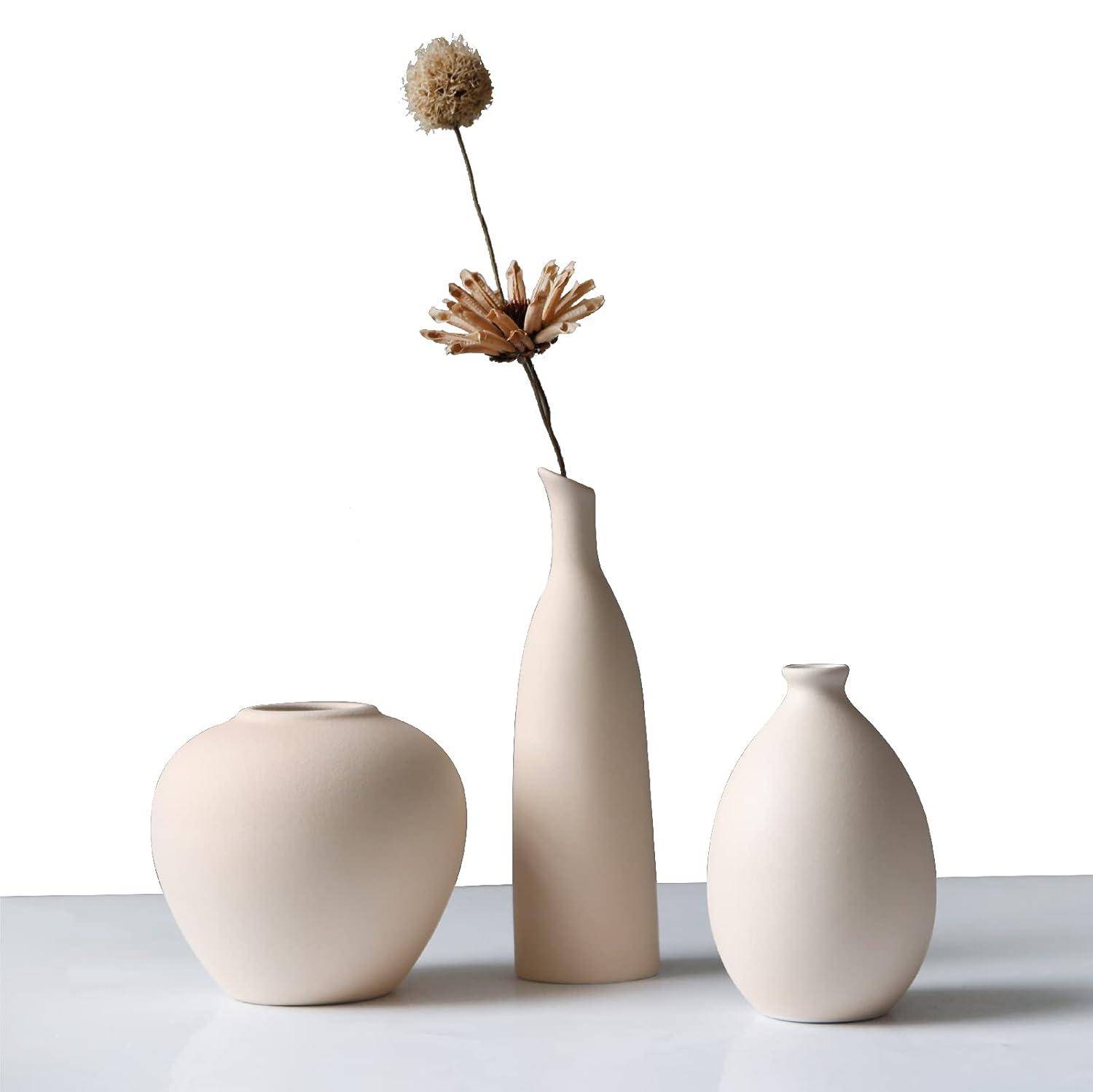 Abbittar Ceramic Vase Set of 3, Minimalist Flower Vase for Rustic, Modern Farmhouse, Living Room, Shelf, Table, Bookshelf, Mantel and Entryway Decor - Beige