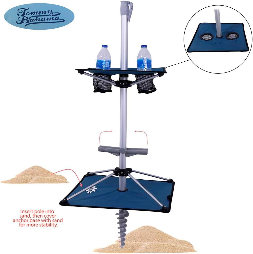 7 ft Fiberglass Tommy Bahama Beach Umbrella for Sand with Folding Anchor Base, Integrated Table, Telescopic Aluminum Pole, UPF 50+, Tilt