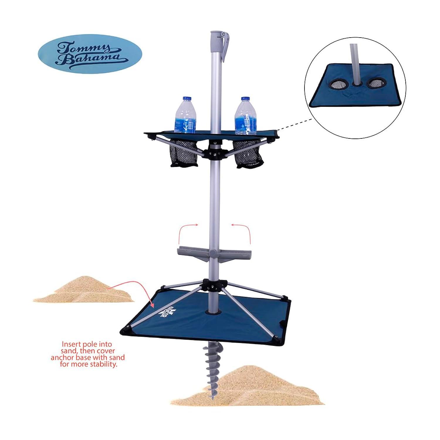 7 ft Fiberglass Tommy Bahama Beach Umbrella for Sand with Folding Anchor Base, Integrated Table, Telescopic Aluminum Pole, UPF 50+, Tilt