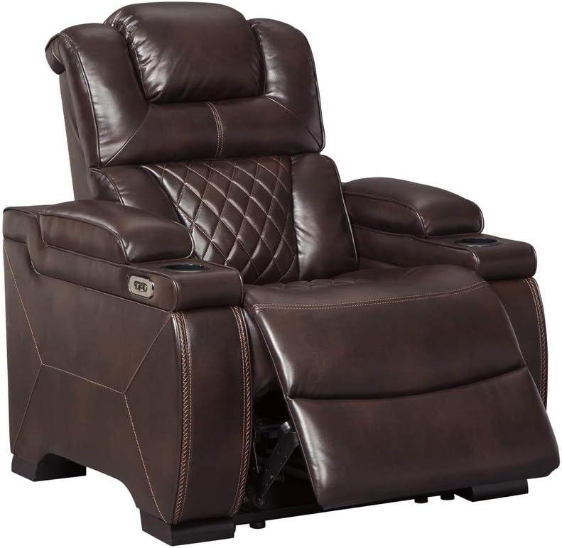 Warnerton Power Recliner with Adjustable Headrest Chocolate: USB Port, Cup Holder - Signature Design by Ashley