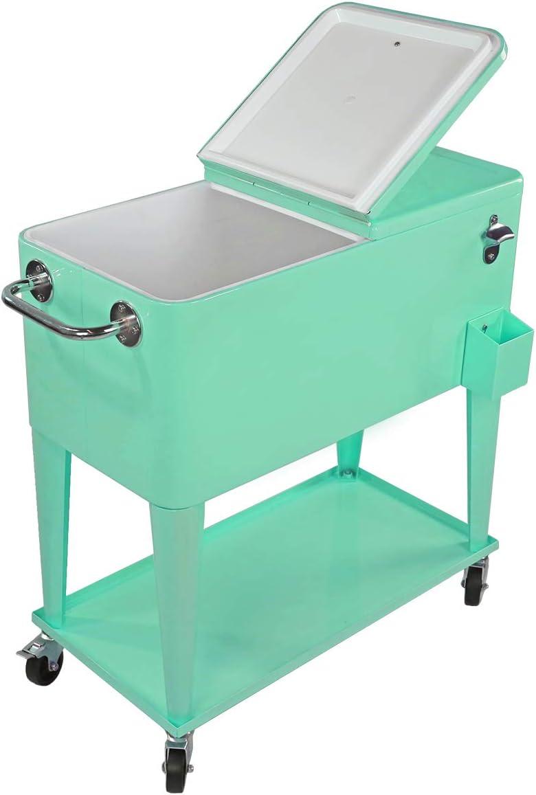 80 Qt. Retro Rolling Cooler Ice Chest Cart with Shelf & Bottle Opener - Great for Outdoors, Patios, Decks, Parties, Backyards