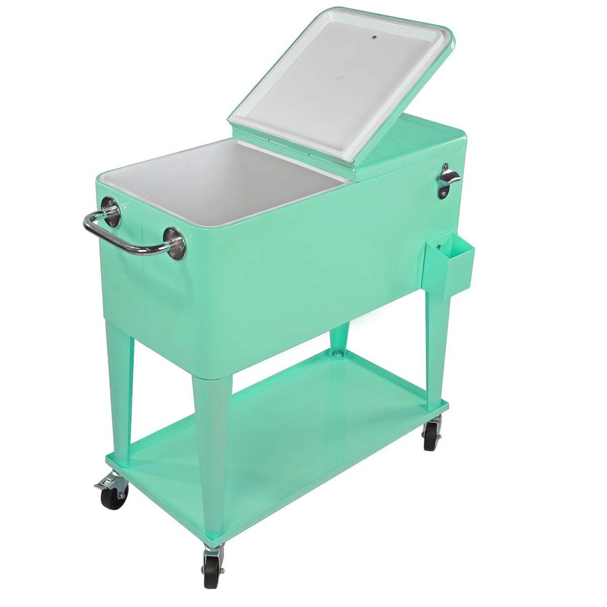 80 Qt. Retro Rolling Cooler Ice Chest Cart with Shelf & Bottle Opener - Great for Outdoors, Patios, Decks, Parties, Backyards