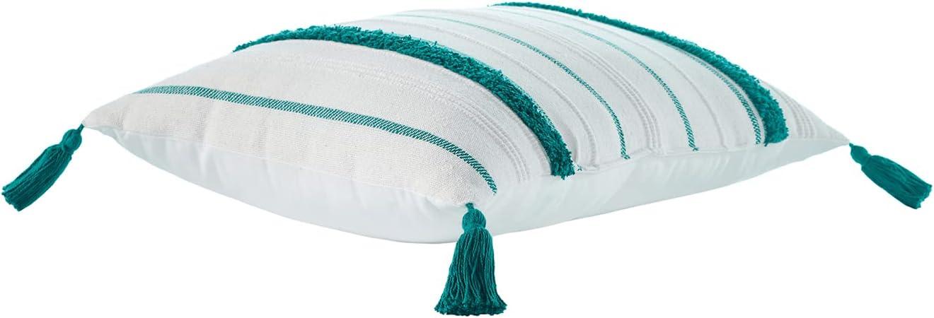 VCNY 14"x20" Oversize Boho Striped Tassel Cotton Lumbar Throw Pillow Teal: Sheltered Outdoor Use, Hidden Zipper