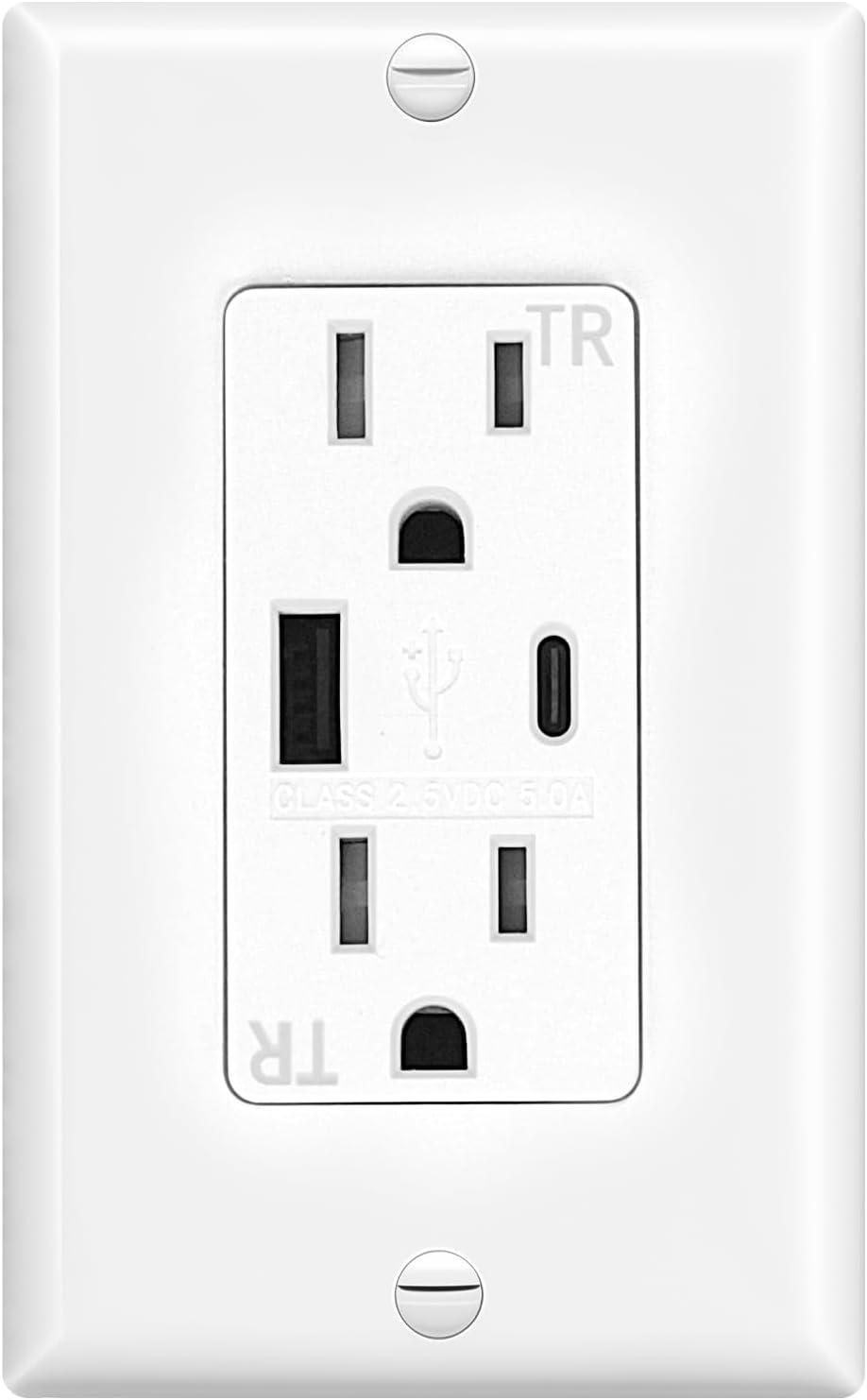 USB Outlet Receptacle, Tamper-Resistant Outlet with USB C & USB A Wall Charger Outlet, 5.0A Electrical USB Outlet, UL & CUL Listed, Wall Plate Included, White