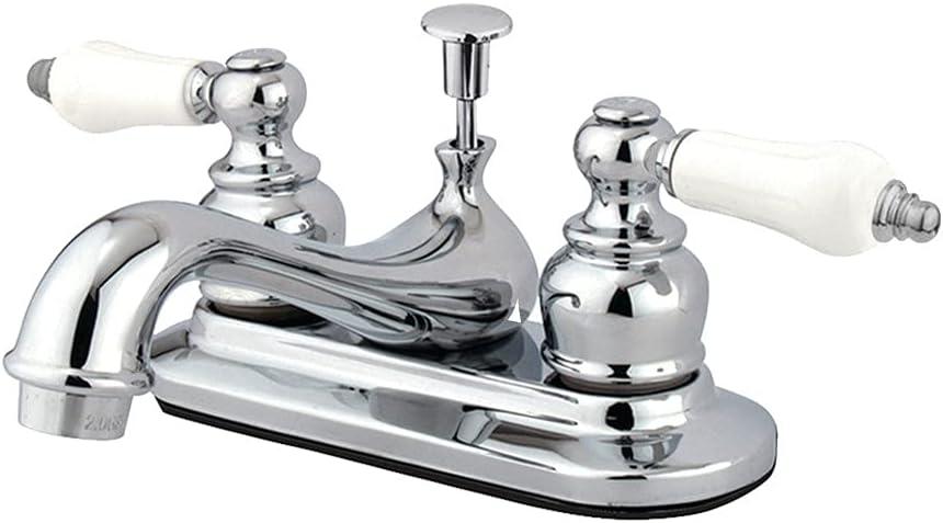 Kingston Brass Restoration Two-Handle 3-Hole Deck Mount 4" Centerset Bathroom Faucet with Plastic Pop-Up