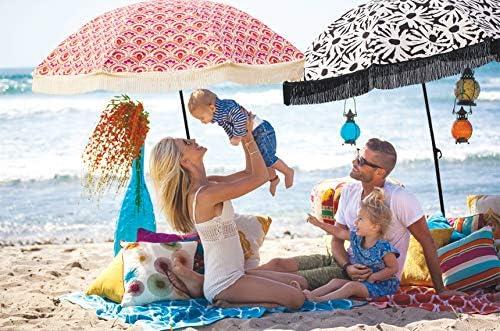 Calliope Denim Beach Umbrella with Fringe and Sand Anchor