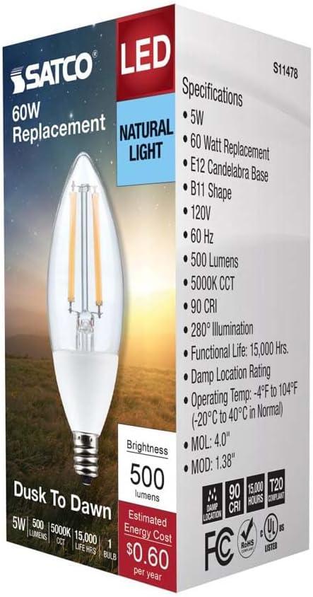 Satco 5 Watt B11 - Dusk to Dawn LED - 5000K - Candelabra Base - 120 Volt - 90 CRI