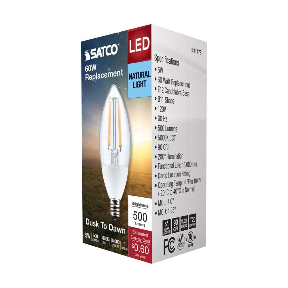 Satco 5 Watt B11 - Dusk to Dawn LED - 5000K - Candelabra Base - 120 Volt - 90 CRI