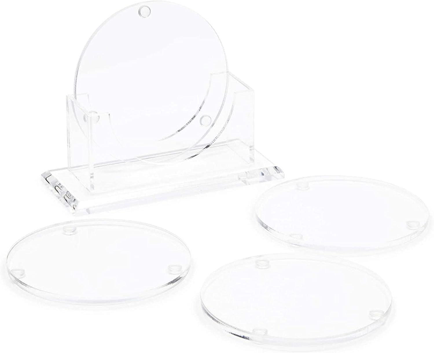 Juvale Set of 4 Clear Blank Acrylic Drink Coasters with Stand Holder, Round 4 inch