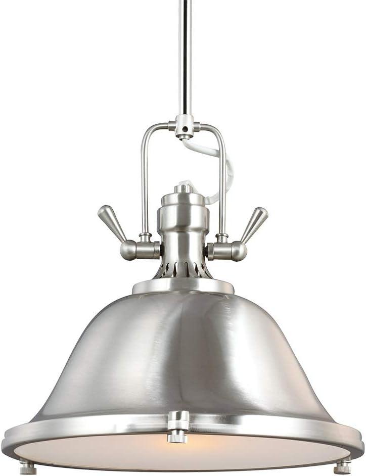 Brushed Nickel Industrial Pendant Light with Satin Etched Glass Shade