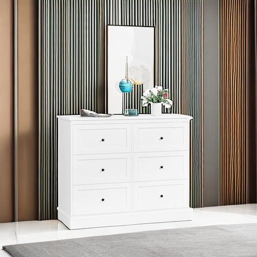 Homfa 6 Drawer Double Dresser White, Wood Storage Cabinet for Living Room, Chest of Drawers for Bedroom