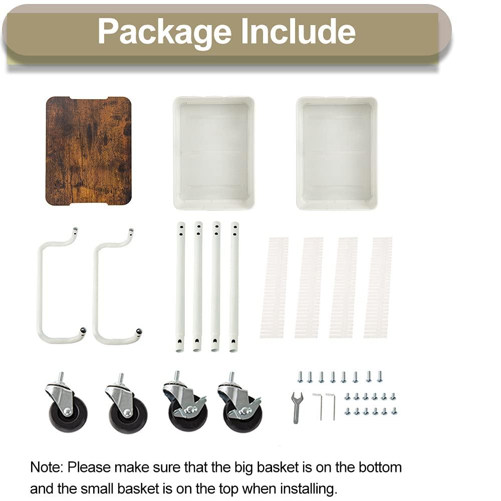 Melody House 2 Tier Metal Utility Rolling Cart Storage Organizer with Cover Board, Mobile Trolley Sofa Side Table with Wheels for Office Home Kitchen Organization, White