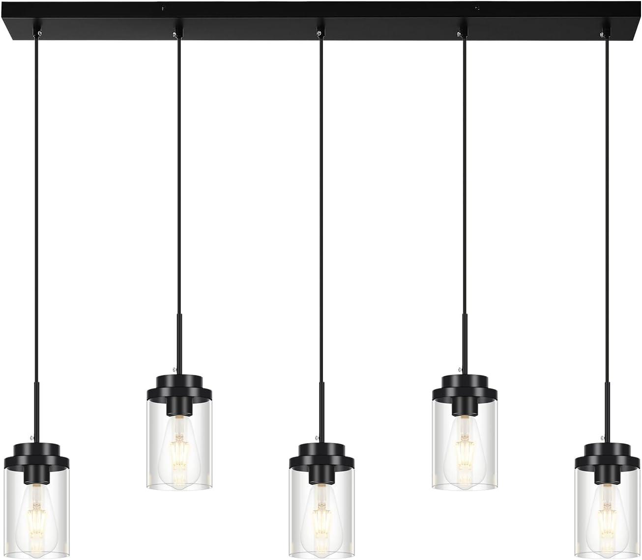 Black Metal and Clear Glass 5-Light Linear Chandelier