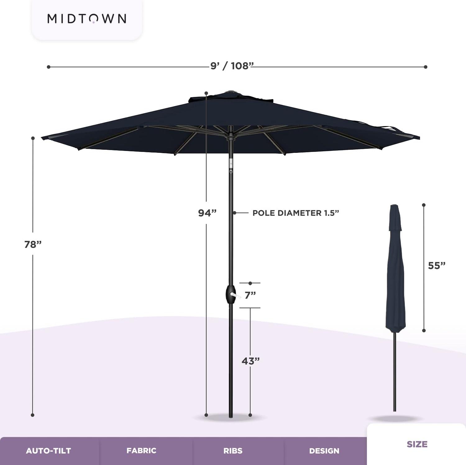 Midtown Umbrellas Sunbrella Umbrella 8 Feet Outdoor Umbrella With Sunbrella Canvas Navy Acrylic Fabric - Auto-Tilt Aluminum Frame Patio Umbrella For Backyard, Deck, Garden, Pool - Black Pole