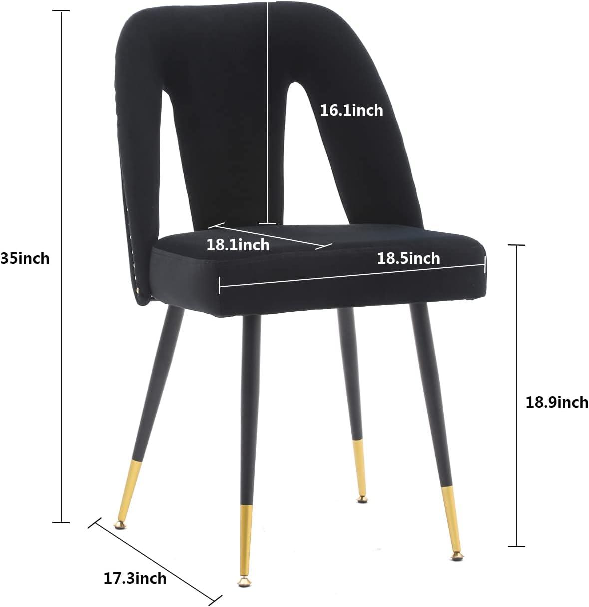 Aoowow Modern Dining Chairs Set of 2, Velvet Upholstered Side Chairs with Nailheads and Gold Tipped Black Metal Legs (Black)
