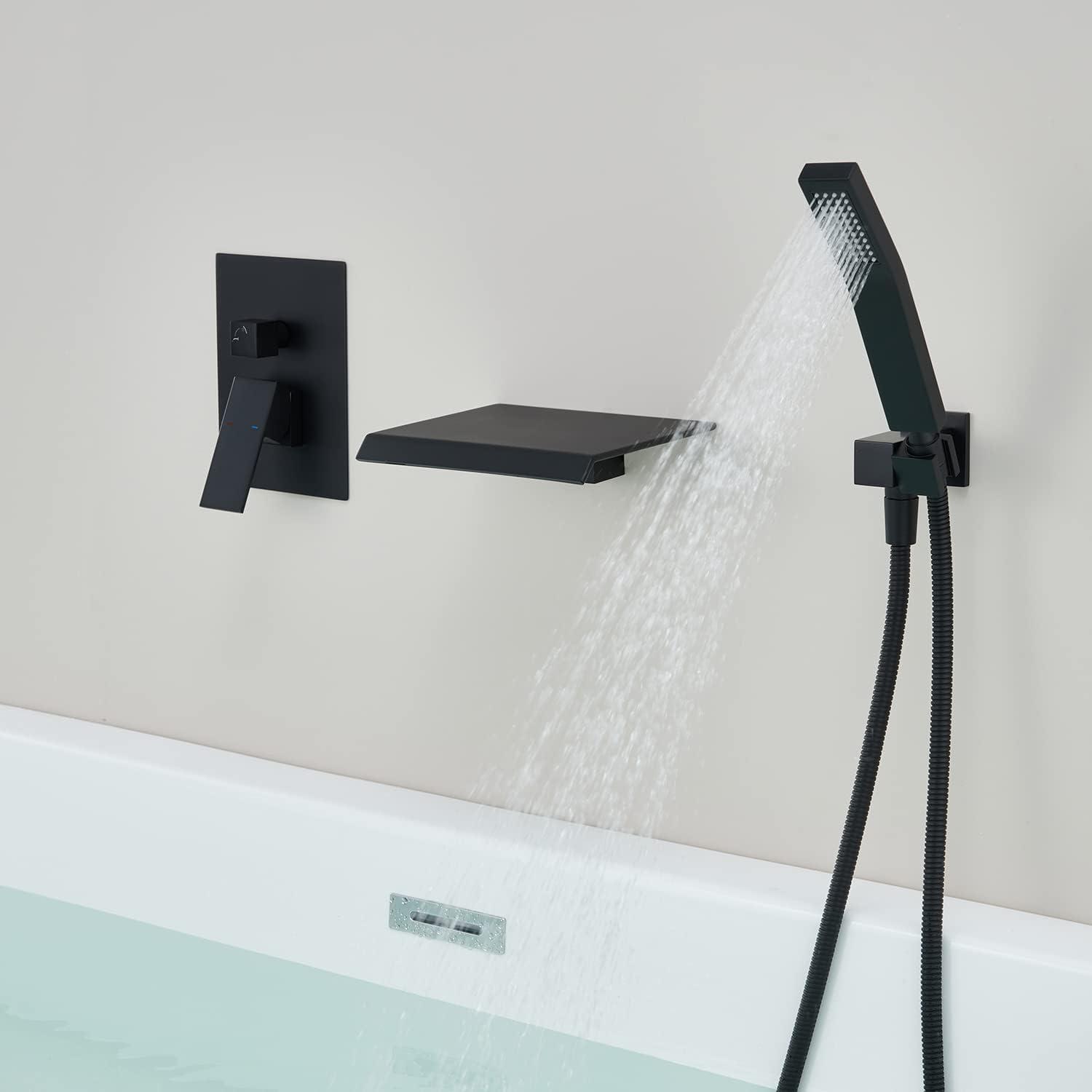 Matte Black Stainless Steel Wall Mount Waterfall Tub Faucet with Hand Shower