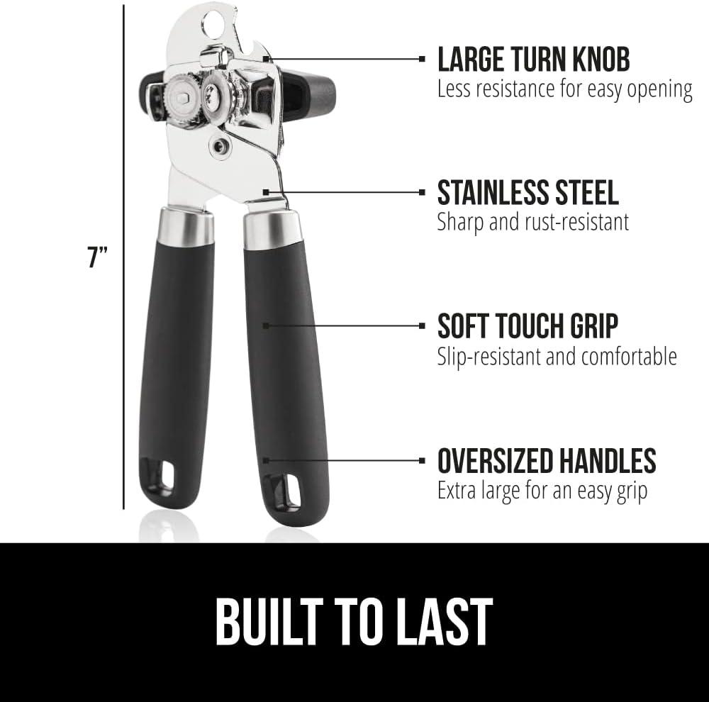 Gorilla Grip Stainless Steel Manual Can Opener, Soft Touch Handle, Large Turn Knob, Built-In Bottle Opener, Black