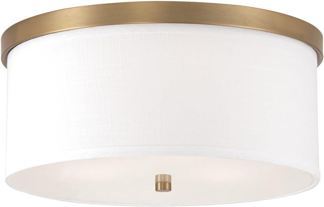 Aged Brass and White Fabric Drum Flush Mount Light