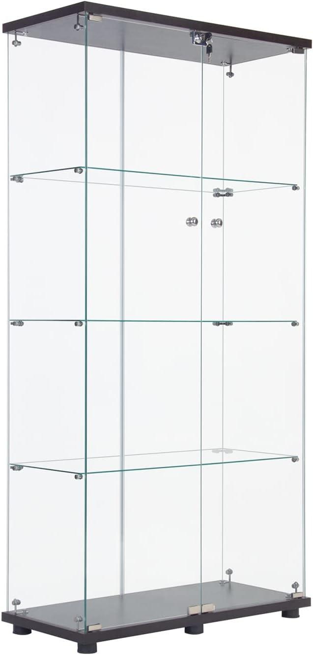 Two Door Glass Cabinet Glass Display Cabinet with 4 Shelves, Black