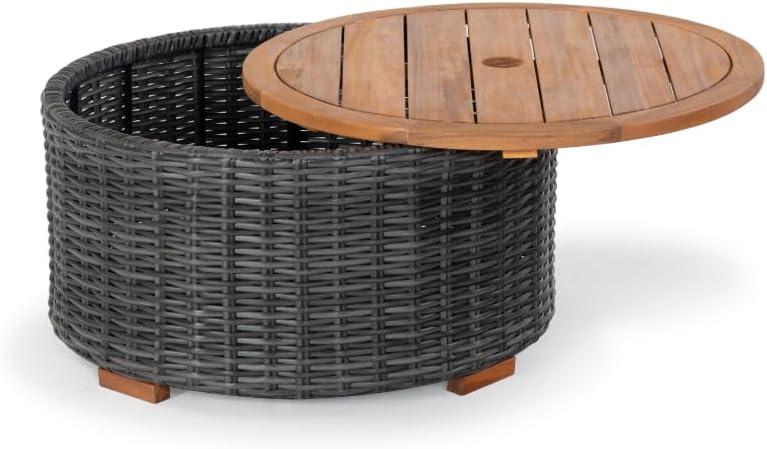 SAFAVIEH Couture Anguilla Outdoor Patio Round Wicker Coffee Table with Storage, Dark Grey