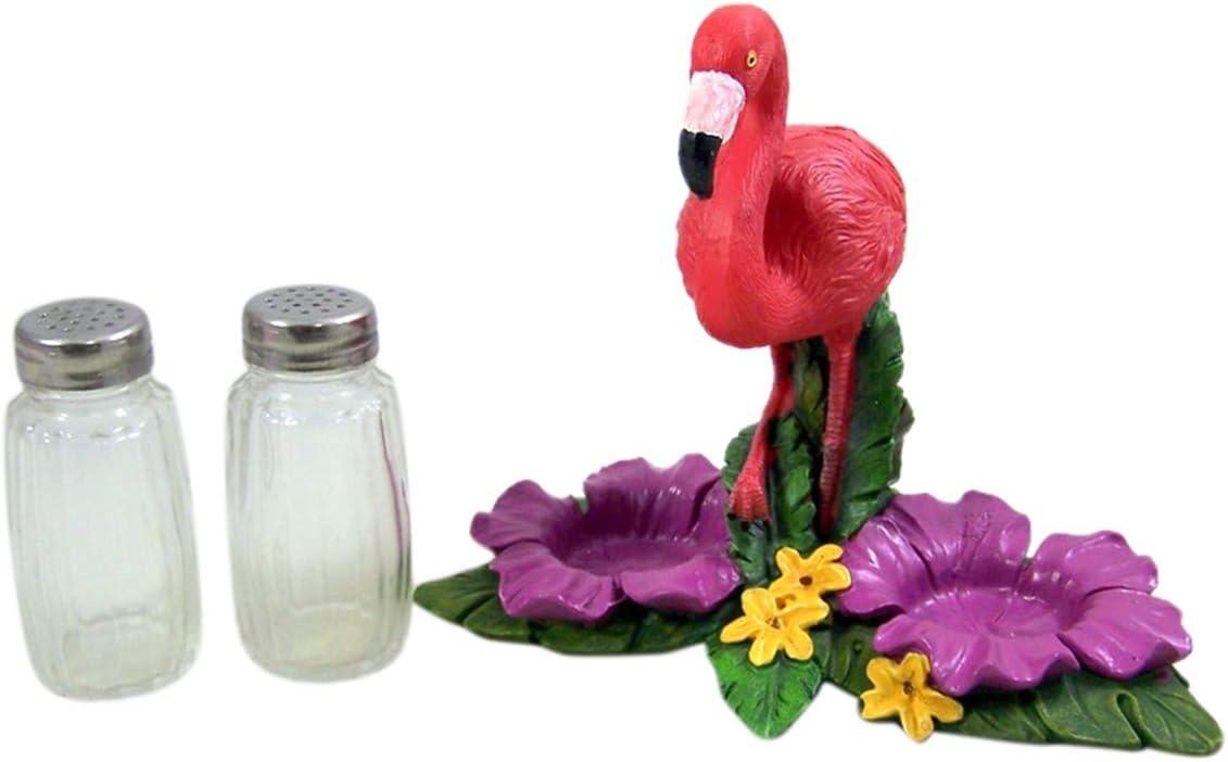 De Leon Collections Polyresin Tropical Pink Flamingo on Palms Floral Coastal Living Salt and Pepper Shaker Holder Set