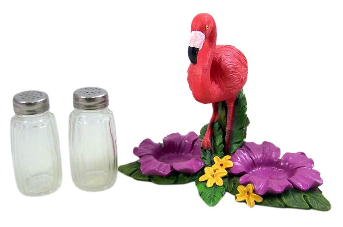 De Leon Collections Polyresin Tropical Pink Flamingo on Palms Floral Coastal Living Salt and Pepper Shaker Holder Set
