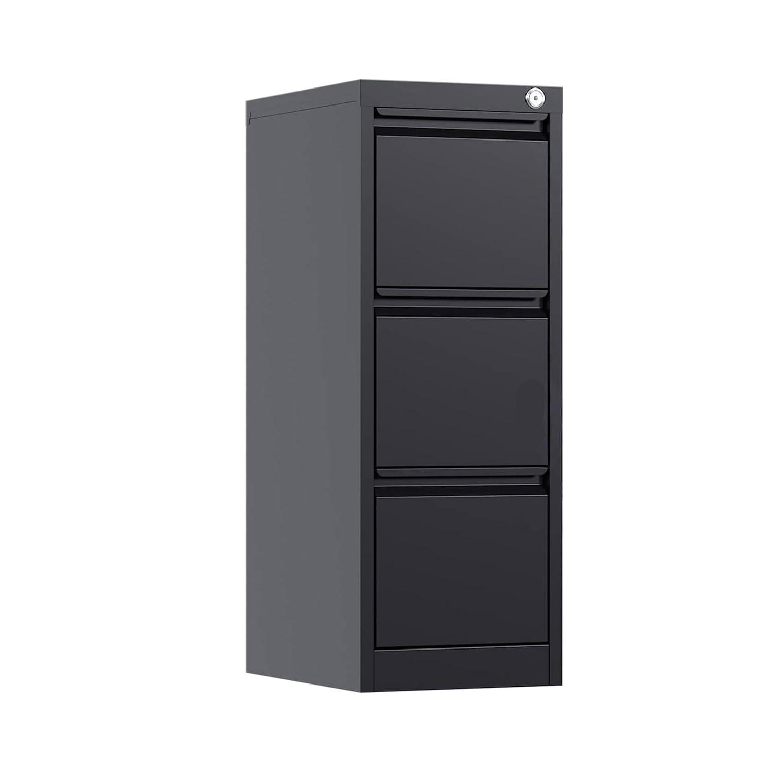 AOBABO 3 Drawer Vertical Steel File Organizer Filing Cabinet with Locking System and Adjustable Hanging Bars for Home and Office Organization, Black