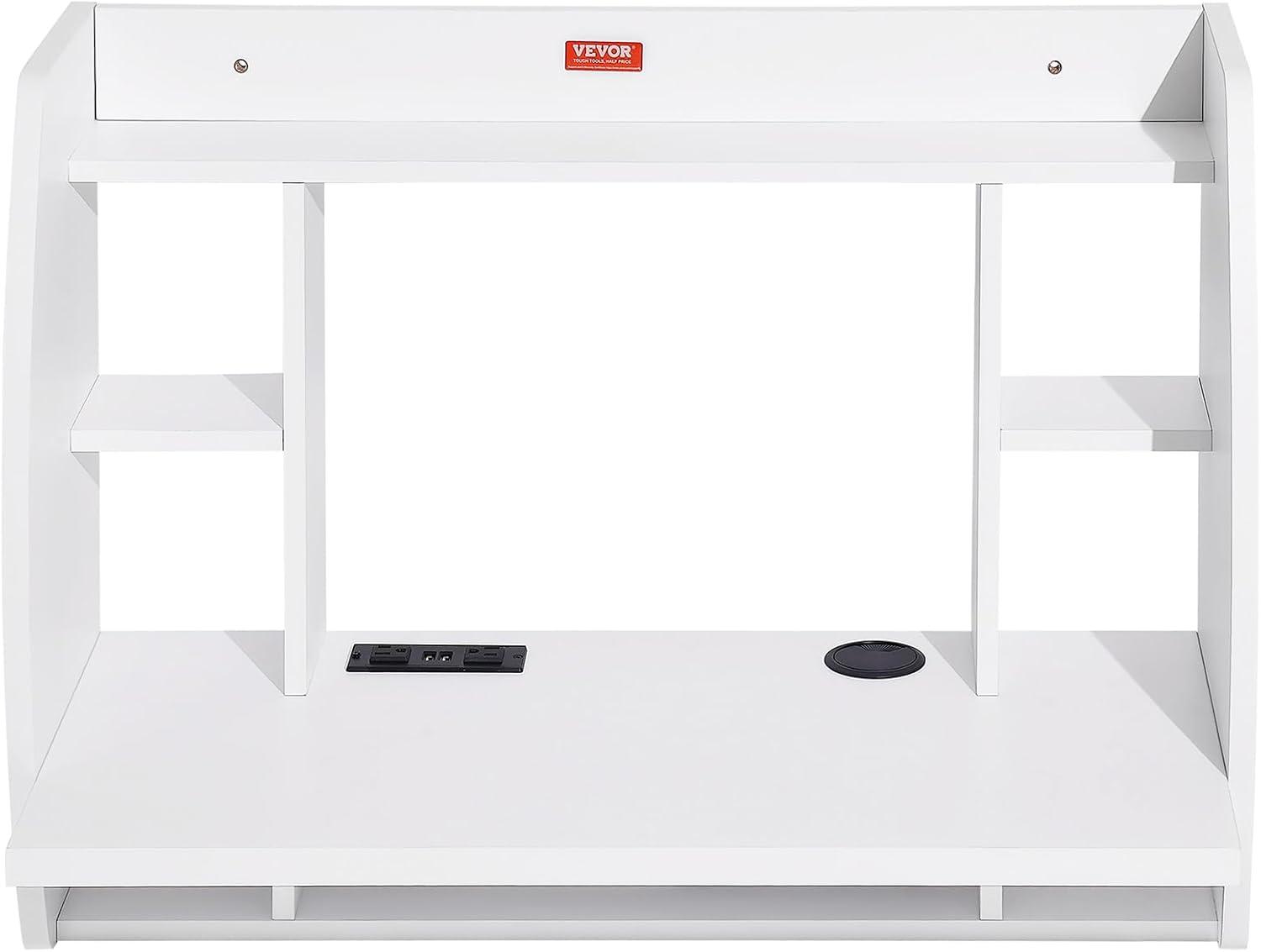 White Wall Mounted Foldable Desk with Power Outlet and Storage