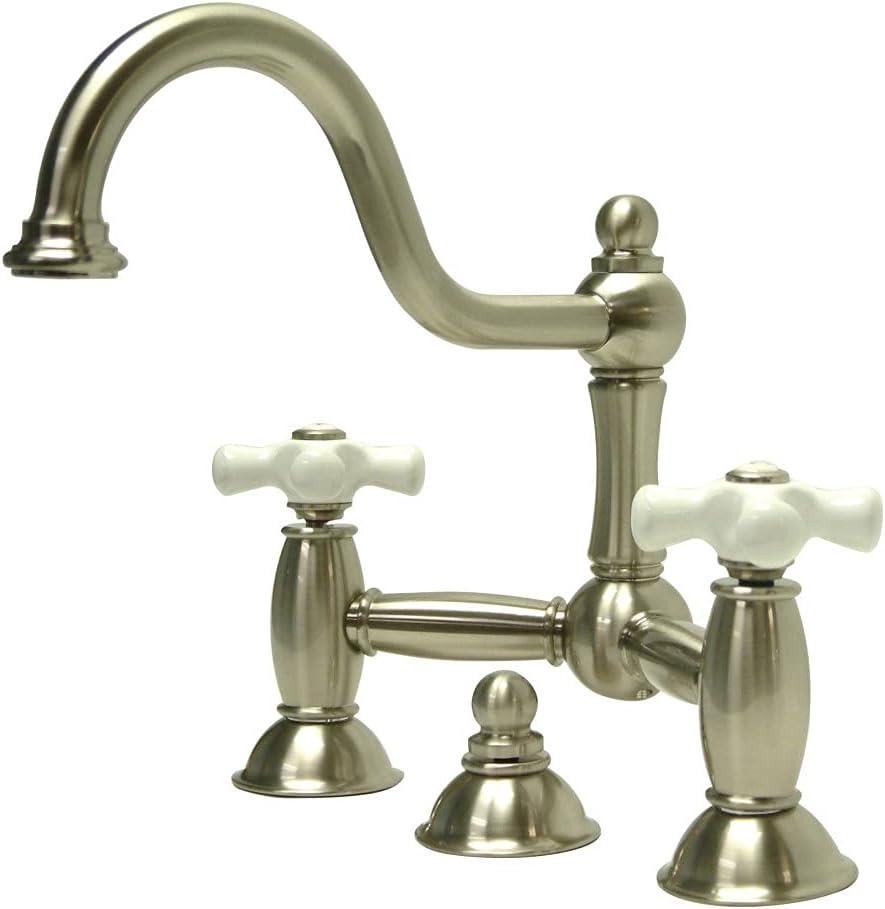 Kingston Brass Restoration Two-Handle 3-Hole Deck Mount Bridge Bathroom Faucet with Brass Pop-Up
