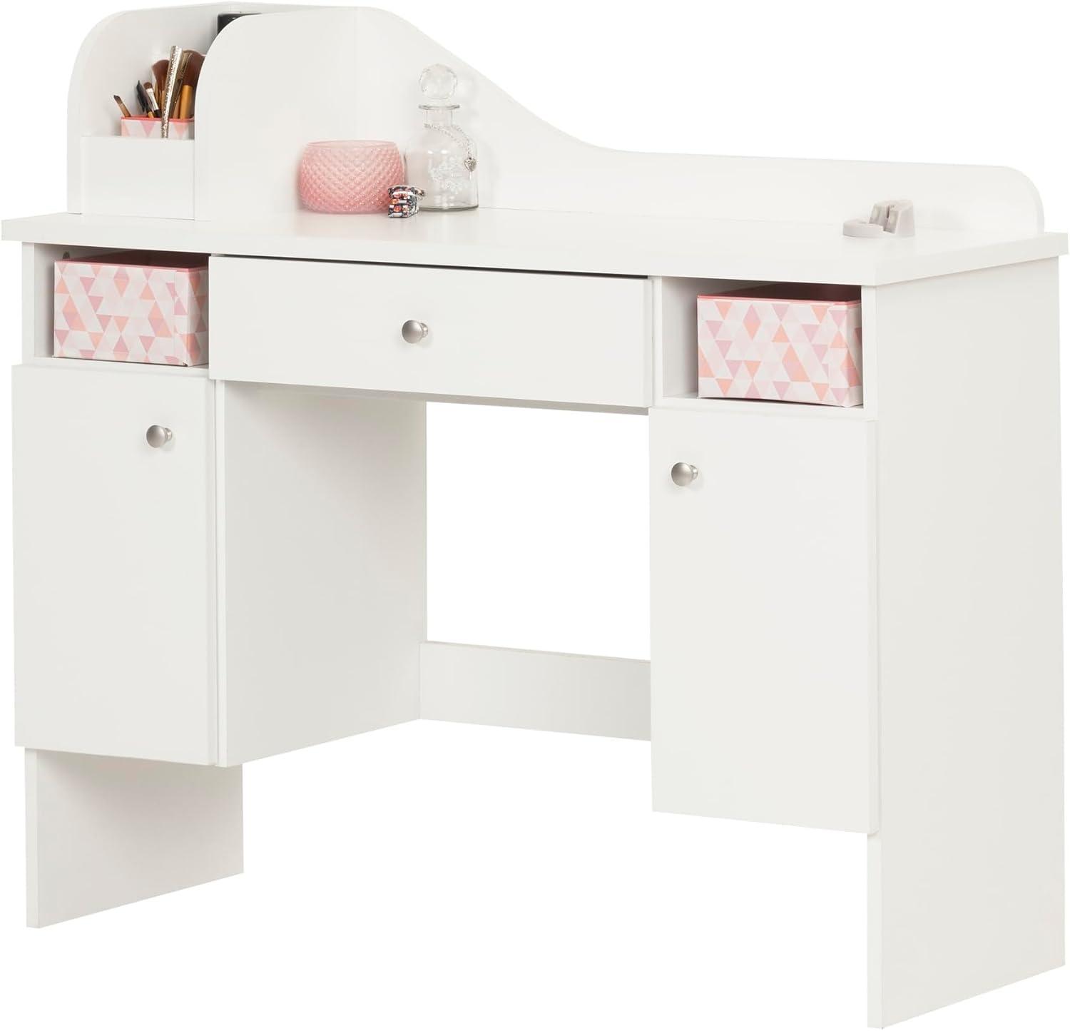 Vito Kids' Makeup Desk with Drawer Pure White/Pink - South Shore: Modern Vanity Table for Teens, Wood Laminate Frame