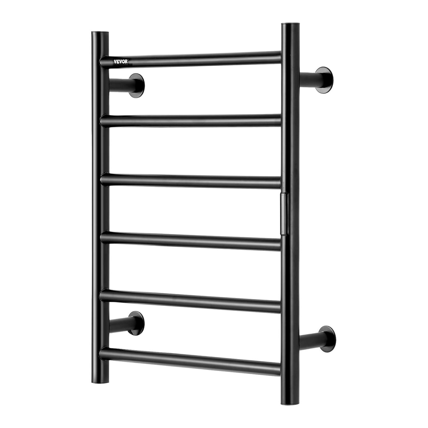 VEVOR 6 Bars Towel Warmer Rack, Wall Mounted Heated Towel Rack for Bathroom, IPX5 Waterpoof Towel Heater Rack with Timer & Display Screen, Black